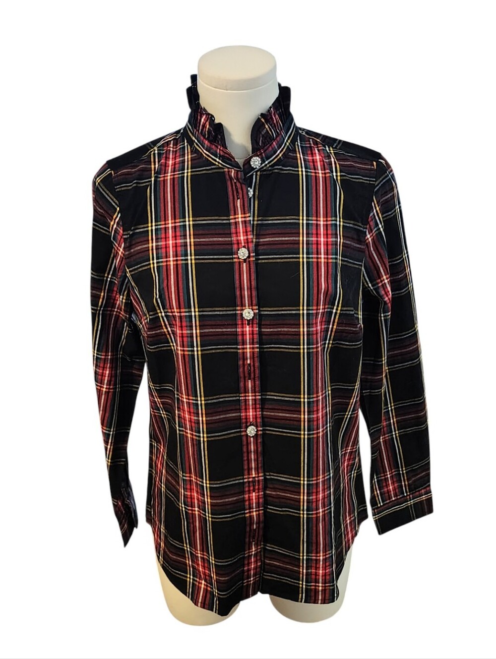 J.Crew Red Black Plaid Victorian Rhinestone Button Down Shirt Size Small Petite